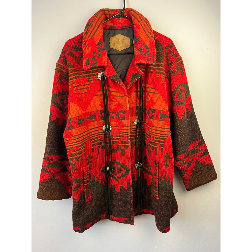 Vintage Woolrich Red Aztec Southwestern Blanket Jacket Silver Hardware Fringe